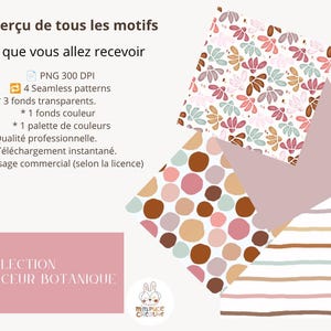 Peut inclure: Une collection numérique intitulée COLLECTION DOUCEUR BOTANIQUE comprenant quatre motifs sans couture avec des designs floraux, à pois et rayés dans des tons de rose, marron et vert sauge, incluant une palette de couleurs et des spécifications.