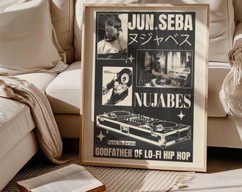May include: A framed black and white poster featuring Jun Seba, also known as Nujabes. The design includes photographs of the artist, a DJ turntable setup, and text reading JUN SEBA, ヌジャベス, NUJABES, Rest In Beats, and GODFATHER OF LO-FI HIP HOP.