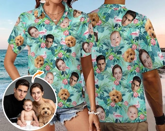 Camisa hawaiana y pantalones cortos personalizados con sombrero de pescador, conjunto personalizado para vacaciones tropicales en familia, regalo de playa.