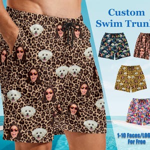 May include: Custom swim trunks with a leopard print pattern. The trunks feature a variety of faces and a dog print. The text "Custom Swim Trunks" and "1-10 Faces/LOGO For Free" is displayed on the image.