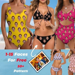 May include: A collection of swimwear, including a yellow one-piece, a black bikini, and a pink one-piece swimsuit, all featuring a repeating face pattern. The image also includes a light blue banner with the text "1-15 Faces For Free 50+ Pattern".
