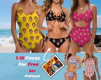 Benutzerdefiniertes Gesichtsbadeanzug für Frauen, personalisierter Foto-Badeanzug, lustiges Ehemann-Gesicht auf Bikini, kundenspezifischer Geburtstag / Jahrestag / Junggesellinnenabschiedsgeschenk