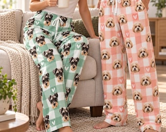 Pyjamabroek met gepersonaliseerd gezicht, geruite pyjamabroek met huisdierfoto, pyjama met huisdierportret, bijpassende loungewear voor het hele gezin, cadeau voor dierenliefhebbers