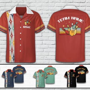 May include: Red bowling shirt with a white collar and short sleeves. Features a bowling pin and ball graphic on the front and back, with the text "TEAM NAME" on the back. Includes a decorative pattern on the front.