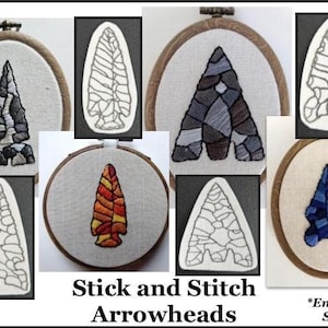 May include: A set of six embroidery patterns for arrowheads. The patterns are in black and white and are printed on white paper. The patterns are labeled "Stick and Stitch Arrowheads" and "Embroidery Stickers".