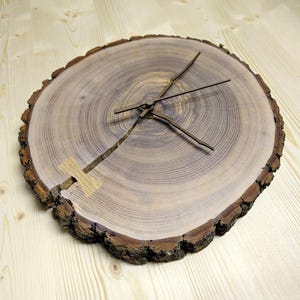 Könnte beinhalten: Eine rustikale Holzuhr mit natürlicher Holzoptik und schlichtem Design. Das Zifferblatt besteht aus einer Baumscheibe mit sichtbaren Ringen und Rinde. Die Zeiger sind aus Metall und in einem einfachen, minimalistischen Stil gehalten.