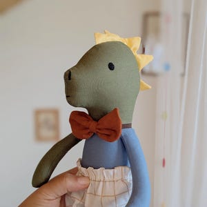 Personalized Linen Dino Doll: Handmade Embroidered Dinosaur Plush Toy