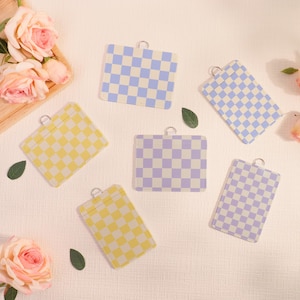 Porte-badge personnalisé, Porte-cartes d'identité à fermeture coulissante, Joli porte-cartes d'identité en damier, Protège-cartes transparent à rayures verticales, Complément pour cordon
