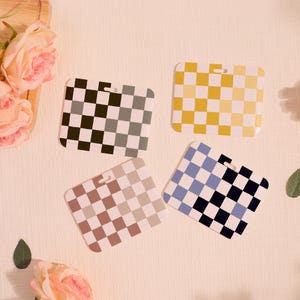 Hard Customized Badge Holder, Checkerboard Slide Closure Id Holder, Trendy ID Holder, Plaid Transparent Card Protector, Add on for Lanyard