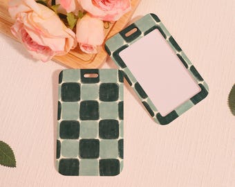 Customized Badge Holder,Slide Closure Id Holder,Pretty Checkerboard ID Holder,Vertical Stripes Transparent Card Protector,Add on for Lanyard