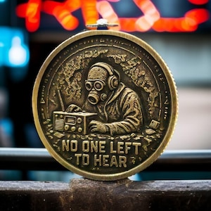 Puede incluir: Una moneda de bronce que representa a una persona con máscara de gas y auriculares operando una radio. La moneda tiene el texto "NO ONE LEFT TO HEAR" y está sobre un fondo borroso.