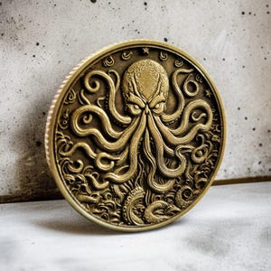 Kraken vs Ship Brass Coin: Nautical Horror Artifact