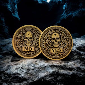 Antique Brass Decision Coin: Gothic Skull YES/NO Memento Mori