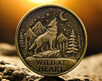 Moneda de latón grabada de lobo y bosque: ficha coleccionable de espíritu salvaje