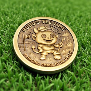 May include: A bronze-colored golf ball marker with the text "BUBU'S TEE TIME" and "BRINGING CHAOS TO THE GREEN". The marker features a cartoon devil character holding a golf club. The number 13 is on a flag in the background.
