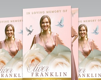 Rose Gold Floral Funeral Program Template: 12 Page Memorial (Canva Digital Download 8.5x11" )