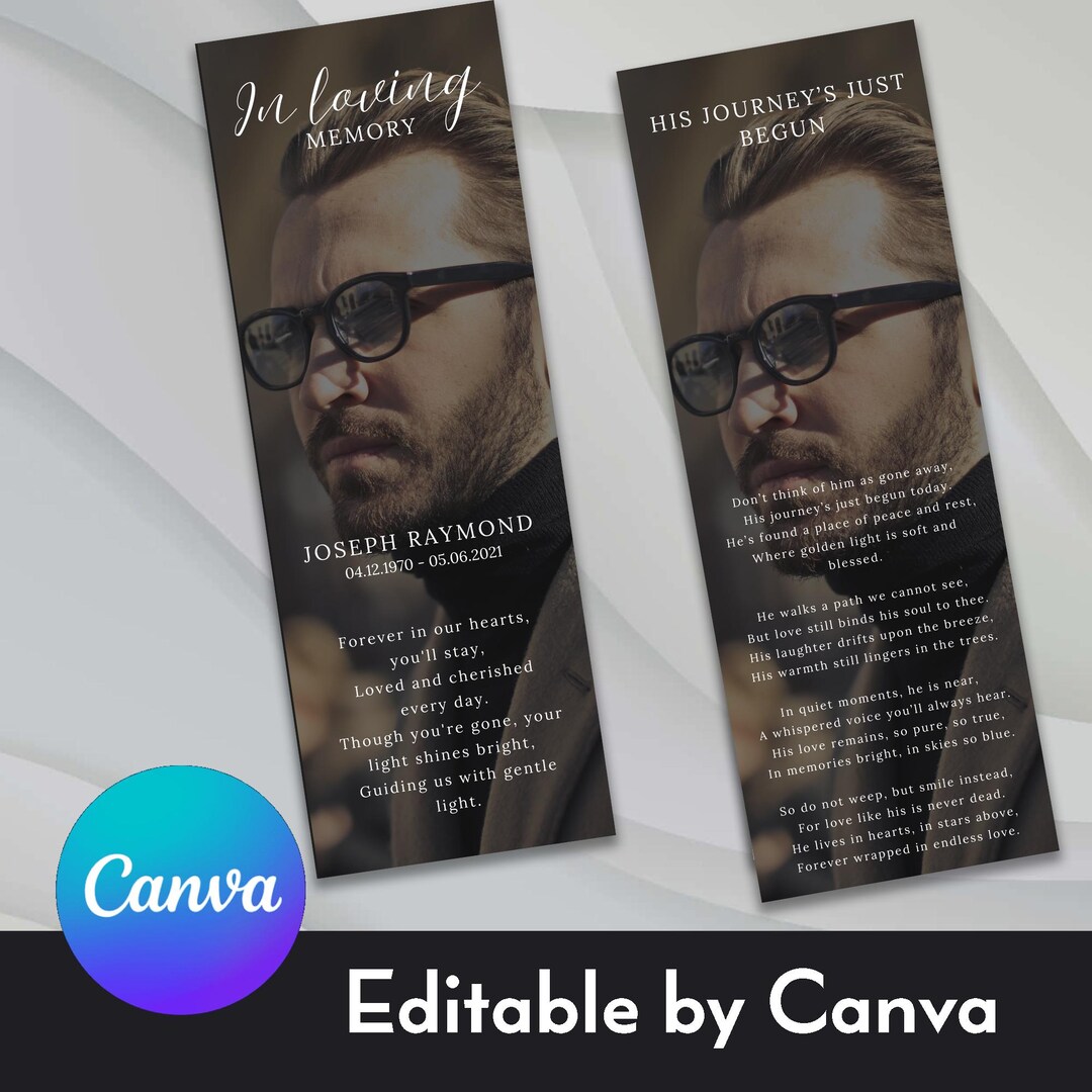 Modern Funeral Bookmark Template: Memorial Program (digital Download ...
