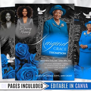 May include: A memorial card design featuring a portrait of a woman in a blue outfit, surrounded by blue roses and doves. The card includes the text "In Loving Memory" and the name "Margaret Grace Thompson". The design also includes the text "A Life of Grace, Love, and Light".