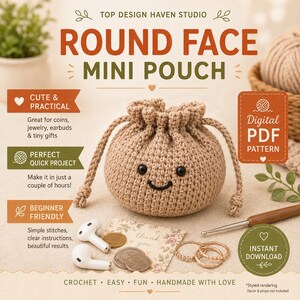 May include: A beige crochet mini pouch with a drawstring closure, featuring two black bead eyes and a stitched black smile. The pouch is displayed with white wireless earbuds, three metal coins, and three gold rings on a surface.