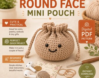 Patrón de minibolso redondo a crochet en PDF, patrón de bolso con cordón para principiantes, bolso de crochet de una sola pieza sin costuras, patrón de monedero bonito