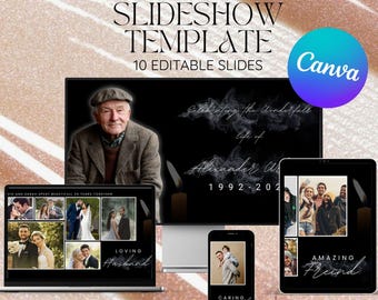 May include: A digital funeral slideshow template with the text "Funeral Slideshow Template" and "10 Editable Slides." The design includes a photo of a man, candles, and the text "Celebrating the Wonderful Life of Alexander W 1992-202." The template is designed in Canva.