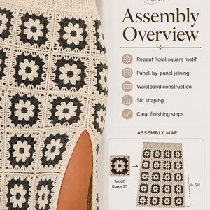 May include: A crochet skirt featuring a repeating floral square motif in cream and dark gray, with a high side slit and a ribbed waistband. The image includes text titled Assembly Overview, detailing steps like motif creation and panel joining.