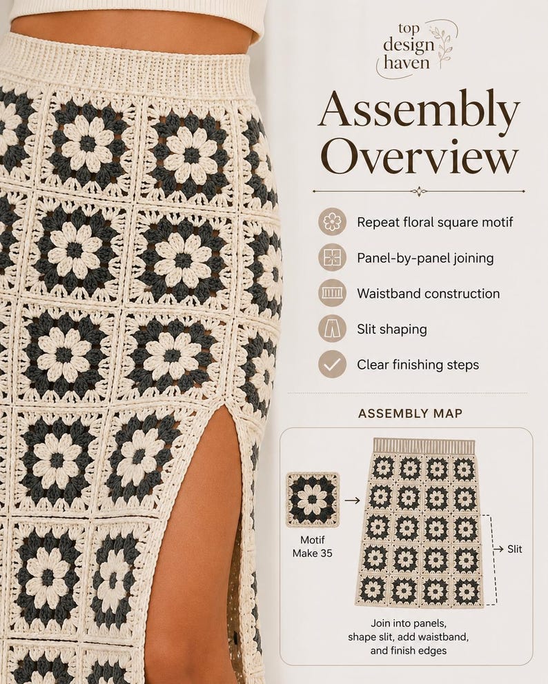 May include: A crochet skirt featuring a repeating floral square motif in cream and dark gray, with a high side slit and a ribbed waistband. The image includes text titled Assembly Overview, detailing steps like motif creation and panel joining.