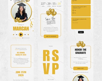 Plantilla de sitio web para invitación a fiesta de graduación de la Clase de 2026 con RSVP editable en Canva. Invitación digital moderna para graduados de preparatoria y universidad.