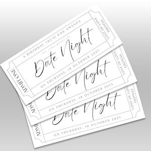 May include: Three white tickets with black text. The tickets read "A Birthday Treat for Amanda" and "Date Night" with the date "Thursday, 18 October 2025". The tickets are labeled "Admit One" and "Lost of Love Thomas".