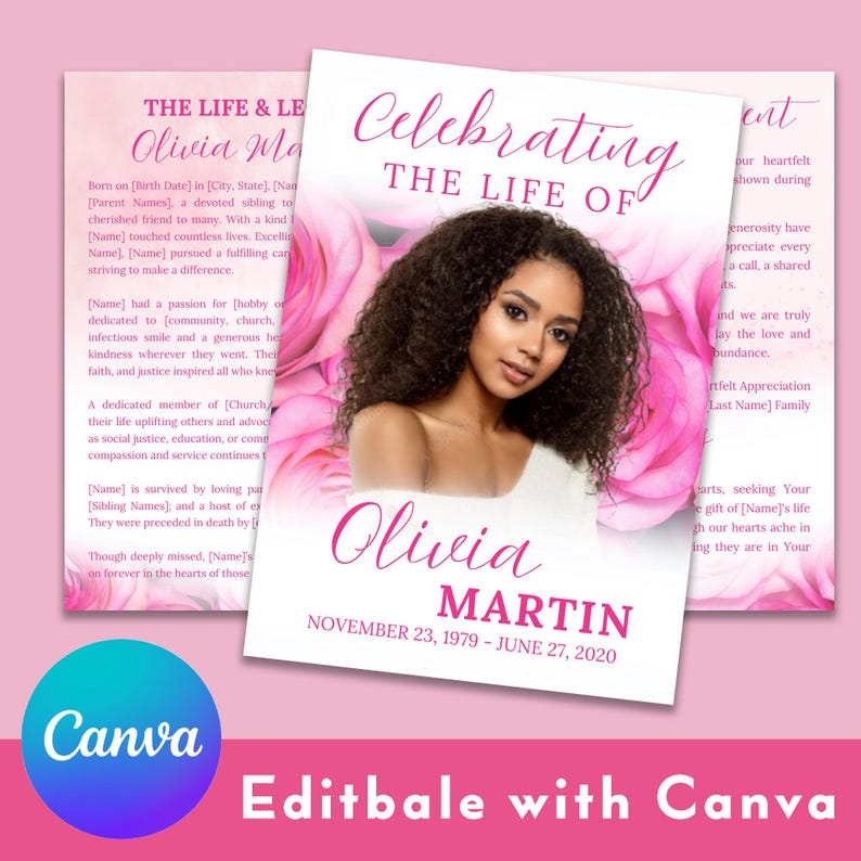 Pink Roses Funeral Program Template: 8-page Obituary (PDF Download 17 ...