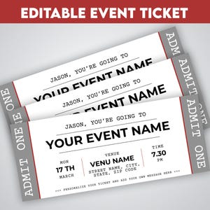 Pode incluir: Três modelos de ingressos para eventos editáveis com fundo cinza e branco. O texto nos ingressos diz "Jason, você está indo para [Nome do seu evento]" com a data, hora e informações do local abaixo. Os ingressos são rotulados como "Admit One" no lado direito.