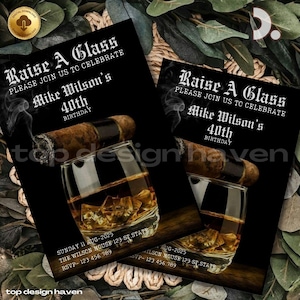 May include: Two black invitations with the text "Raise A Glass" and "Mike Wilson's 40th Birthday". Each invitation features a cigar, a glass of whiskey with ice, and event details. The background is dark with a touch of smoke.