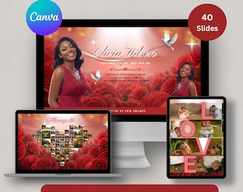 Plantilla de diapositivas para fotos de funeral en rojo y granate: crea tu propia presentación de diapositivas para la celebración de la vida, plantilla de video conmemorativo para mujeres, descarga instantánea.