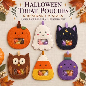 Könnte beinhalten: Sechs Halloween-Leckerli-Beutel aus Filz in Form von Kürbis, Geist, Katze, Eule, Zuckermais und Zaubertrankflasche. Jeder Beutel hat ein Sichtfenster mit bunten Bonbons, eine Schlaufe und gestickte Gesichter. Text: HALLOWEEN TREAT POUCHES.