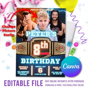 Convite de aniversário do Superstars Wrestling, convite temporário para o anel de campeonato, festa de aniversário da WWE para menino, campeão de luta livre, download instantâneo
