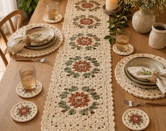 Patrón PDF para juego de comedor a crochet, camino de mesa floral, mantel individual redondo y posavasos, decoración de mesa en terracota salvia, crochet para principiantes