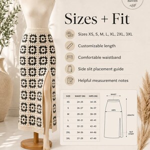 May include: A crochet skirt featuring a black and white granny square pattern with a side slit, displayed on a mannequin. The image includes a size chart with waist and hip measurements in inches, alongside text detailing fit options and adjustments.