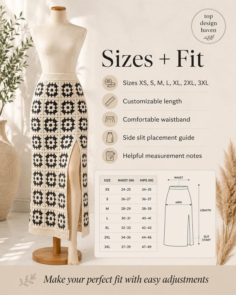 May include: A crochet skirt featuring a black and white granny square pattern with a side slit, displayed on a mannequin. The image includes a size chart with waist and hip measurements in inches, alongside text detailing fit options and adjustments.