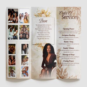 Könnte beinhalten: Dreifach gefaltetes Gedenkprogramm mit Familienfotos, einem Gedicht und einer Gottesdienstordnung. Das Programm zeigt eine Frau in einem braunen Kleid und floralen Akzenten. Der Text enthält "Gottesdienstordnung".
