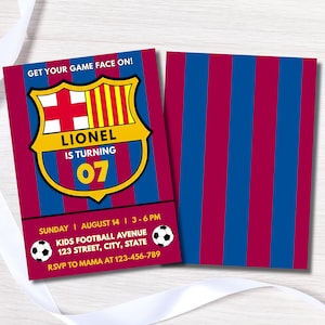 May include: A football-themed birthday invitation. The invitation is red, blue, and yellow, featuring the text "GET YOUR GAME FACE ON!" and "LIONEL IS TURNING 07". The reverse side displays red and blue vertical stripes.