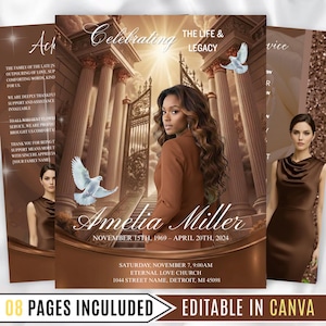 Puede incluir: Anuncio de servicio conmemorativo con una mujer con un vestido marrón, el nombre "Amelia Miller" y fechas. El diseño incluye columnas, palomas y el texto: "Celebrating The Life & Legacy". Incluye "08 Pages Included" y "Editable in Canva".