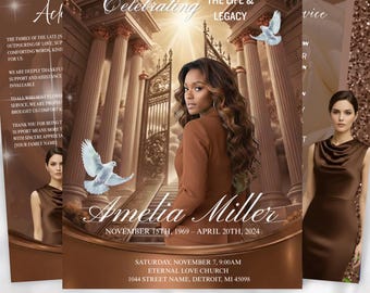 Royal Brown Roses Funeral Program Template: Classical Memorial (Canva Template, PDF)