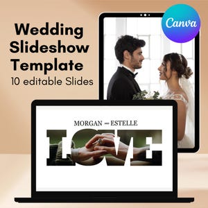 Könnte beinhalten: Eine digitale Hochzeit-Diashow-Vorlage mit 10 bearbeitbaren Folien. Das Bild zeigt einen Laptop und ein Tablet, auf denen Hochzeitsfotos und das Wort "LOVE" mit einem Foto von Händen angezeigt werden. Das Canva-Logo ist sichtbar.