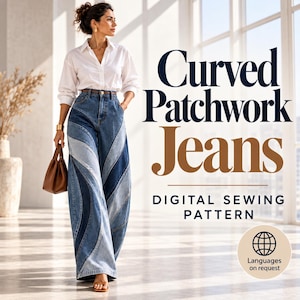 Puede incluir: Vaqueros de pierna ancha con un diseño de patchwork curvo que alterna paneles de mezclilla azul claro y oscuro. El texto dice Curved Patchwork Jeans DIGITAL SEWING PATTERN. Una pequeña insignia circular incluye un icono de globo y Languages on request.