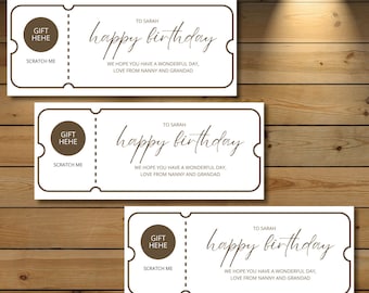 May include: Three gift certificates with a brown and white design. Each certificate has the words "happy birthday" and "To Sarah". The certificates also say "Gift Hehe" and "Scratch Me". The background is a wooden surface.