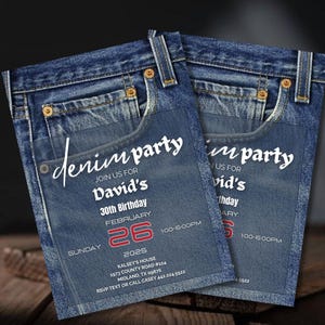 Convites editáveis para festa de aniversário em jeans, convite country com jeans azul, convite com tema boho dos anos 90, modelo de convite para festa estilo western retrô