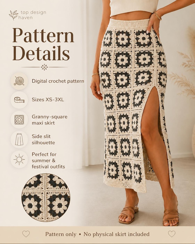 May include: A maxi skirt featuring a crochet granny-square pattern in cream and dark gray. The skirt has a high-waisted design and a side slit. Text on the image includes: top design haven, Pattern Details, Digital crochet pattern, Sizes XS-3XL.