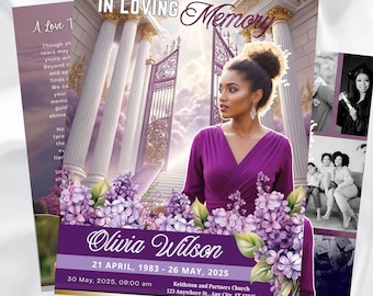 May include: A memorial card with the text "In Loving Memory" and the name "Olivia Wilson". The card features a woman in a purple dress, lilac flowers, and a background of a heavenly scene with columns and gates. Additional text includes dates and a church address.