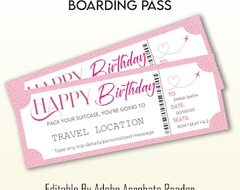 May include: Editable pink and white printable birthday surprise boarding pass with the text "Happy Birthday" and "Pack your suitcase, you're going to..."  The boarding pass has a pink confetti pattern and a heart-shaped airplane trail.