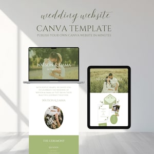May include: A laptop, tablet, and banner display a wedding website template. The template features a photo of a couple, with the names "Watson & Emma" and the date "14.04.2026". The banner includes the text "The Ceremony".